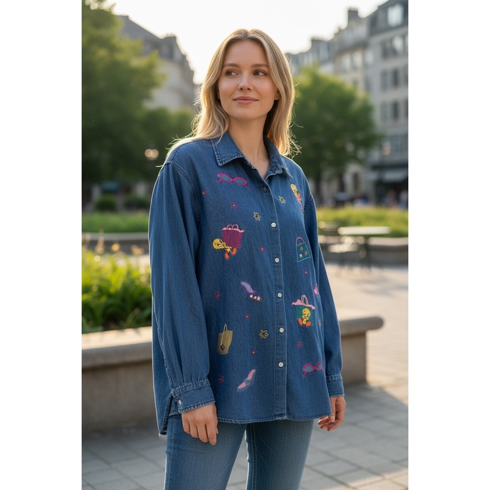 Warner Bros Studio Store Vintage Tweety Bird Embroidered Denim Shirt Large Blue‎